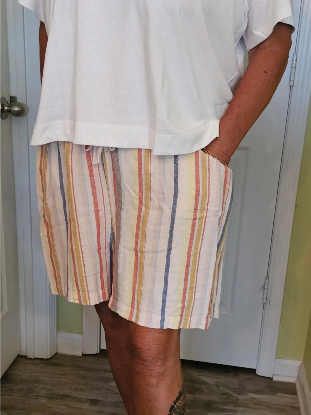 Striped Linen-Blend Shorts in Multicolor with pockets and drawstring.